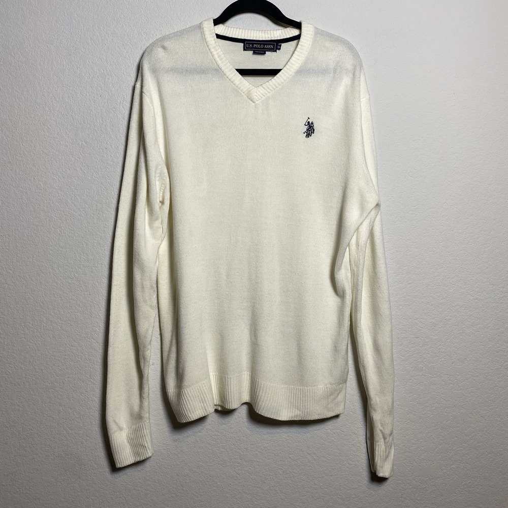 US Polo Assn‎ Mens XL V Neck Long Sleeve Cream Sweater Preppy Ivy Minimalist